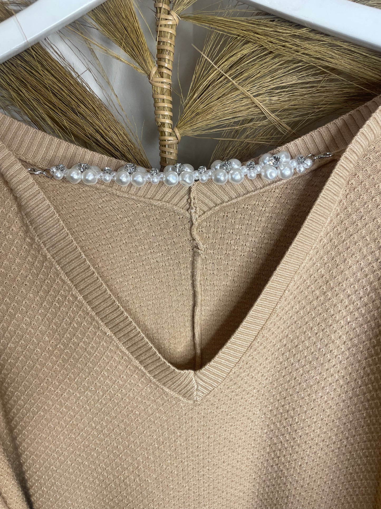 Textured V Jumper with pearl detail