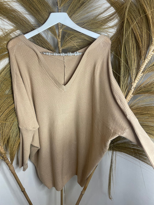 Textured V Jumper with pearl detail