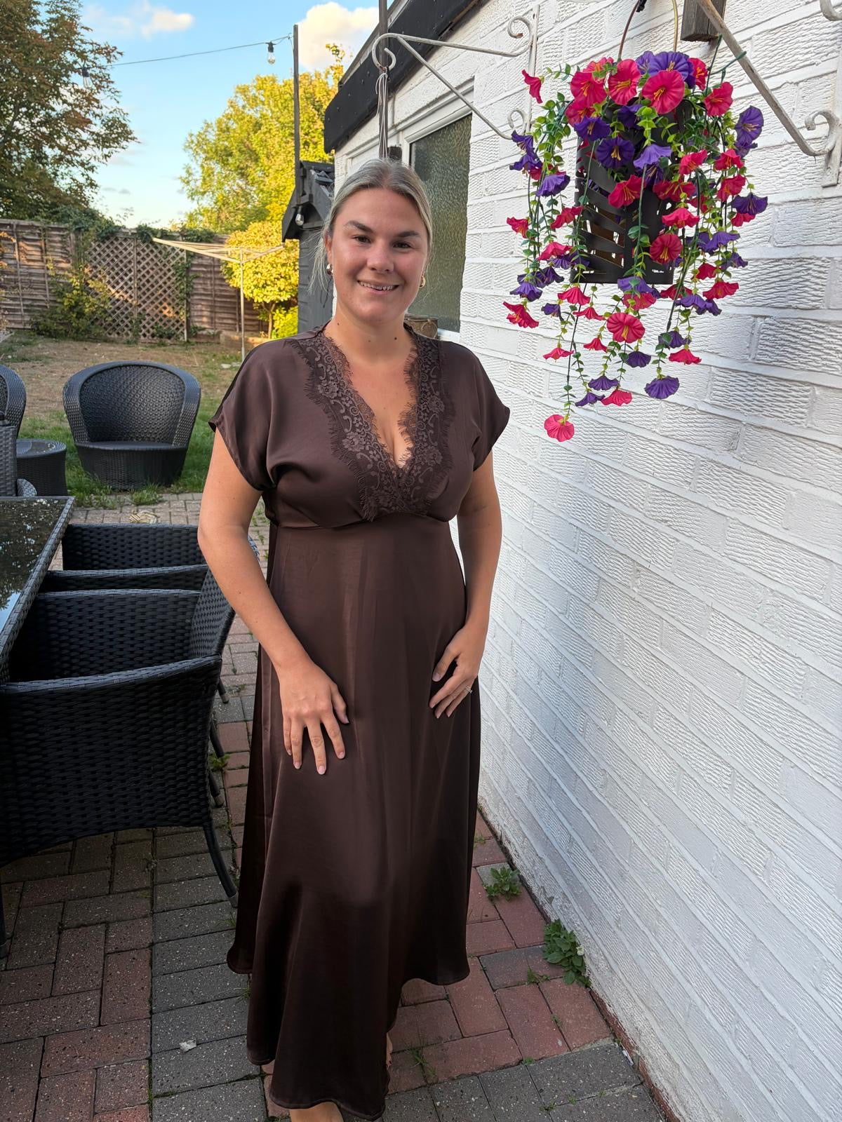 Lace trim satin maxi dress