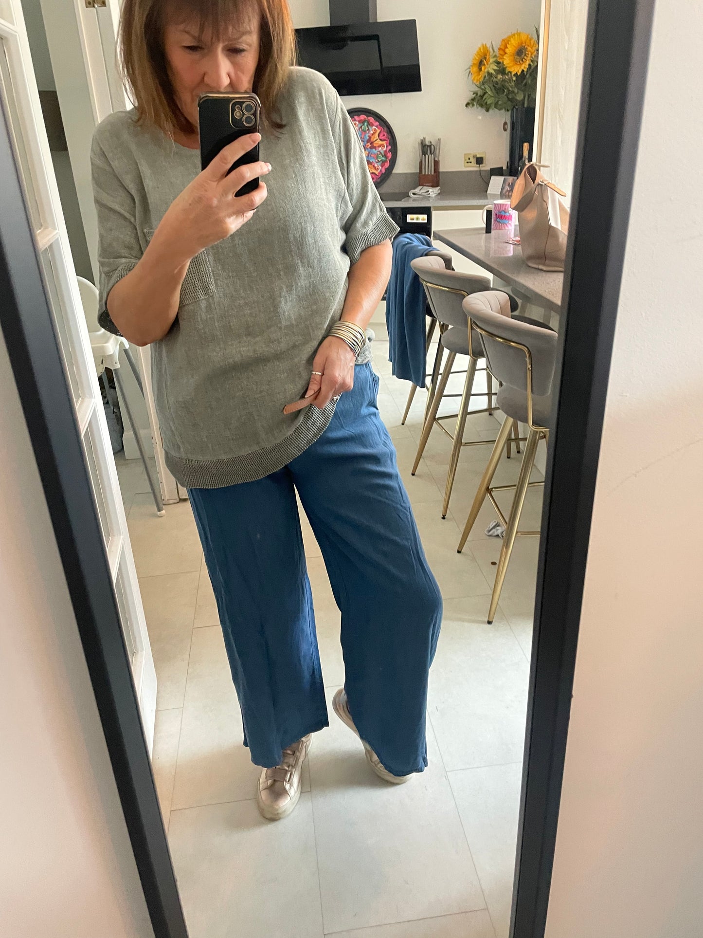 Chambray denim wide palazzo trousers