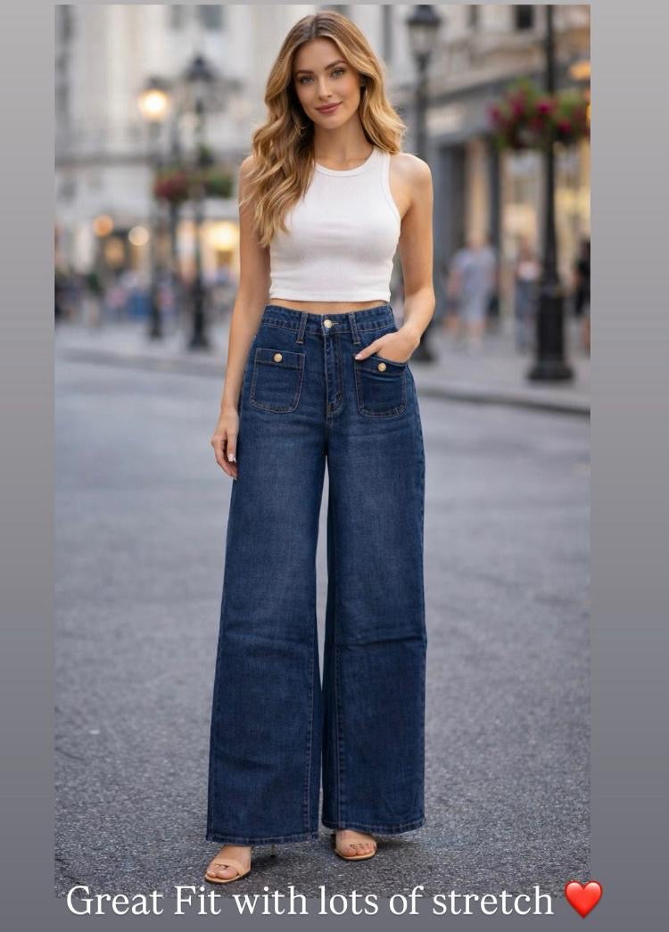 Dark wash stretch wide leg jeans