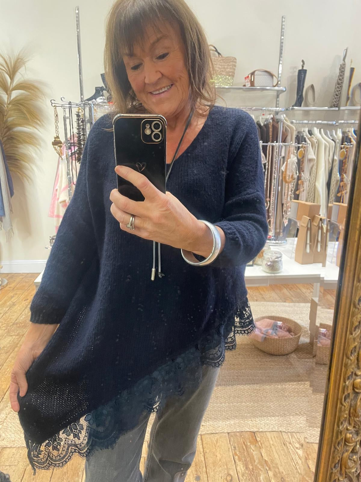 Asymetric lace trim jumper