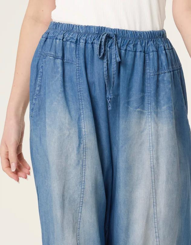 Chambray denim barrel trousers