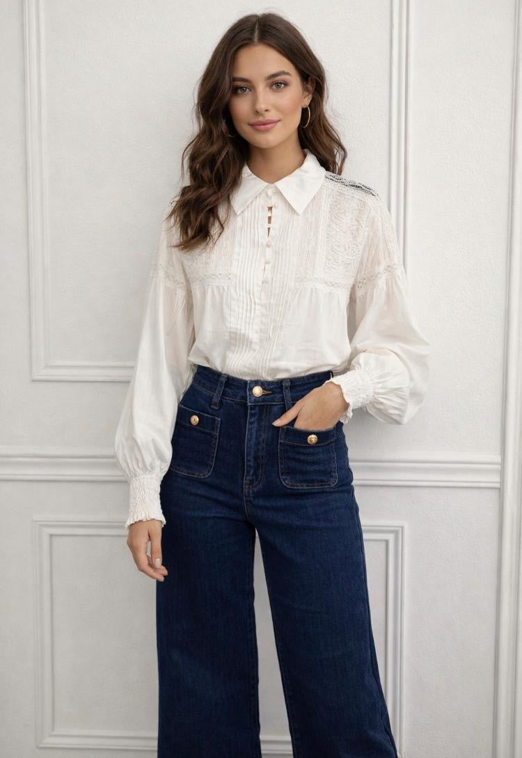 Dark wash stretch wide leg jeans
