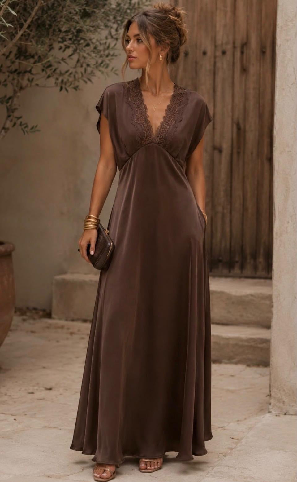 Lace trim satin maxi dress