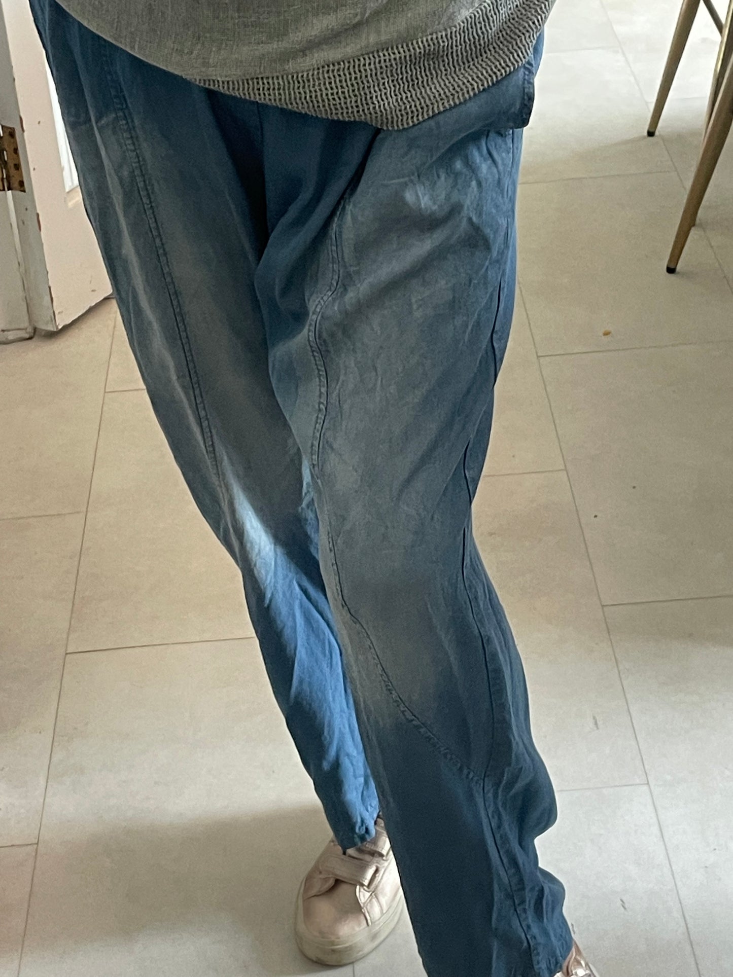 Chambray denim barrel trousers