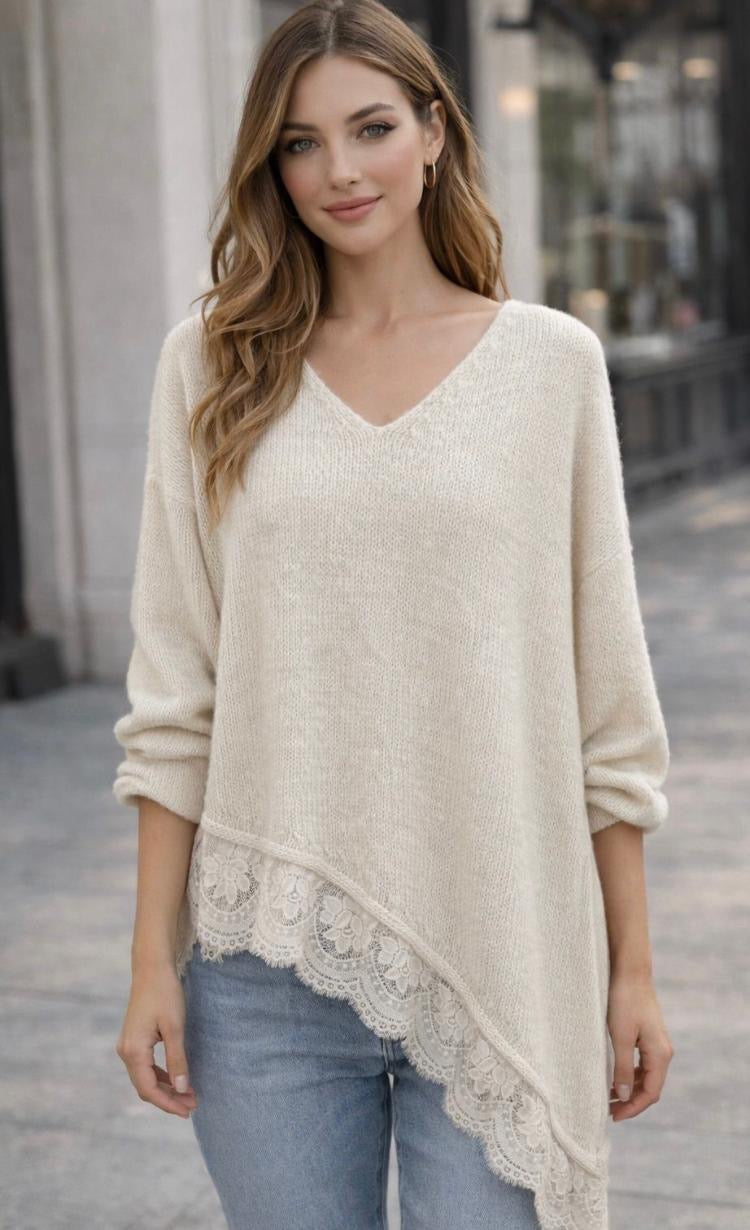 Asymetric lace trim jumper
