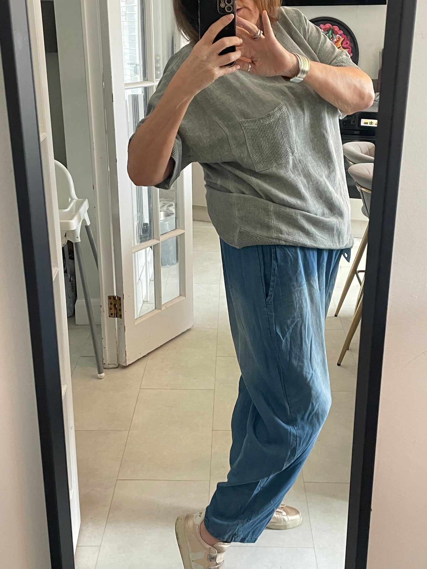 Chambray denim barrel trousers