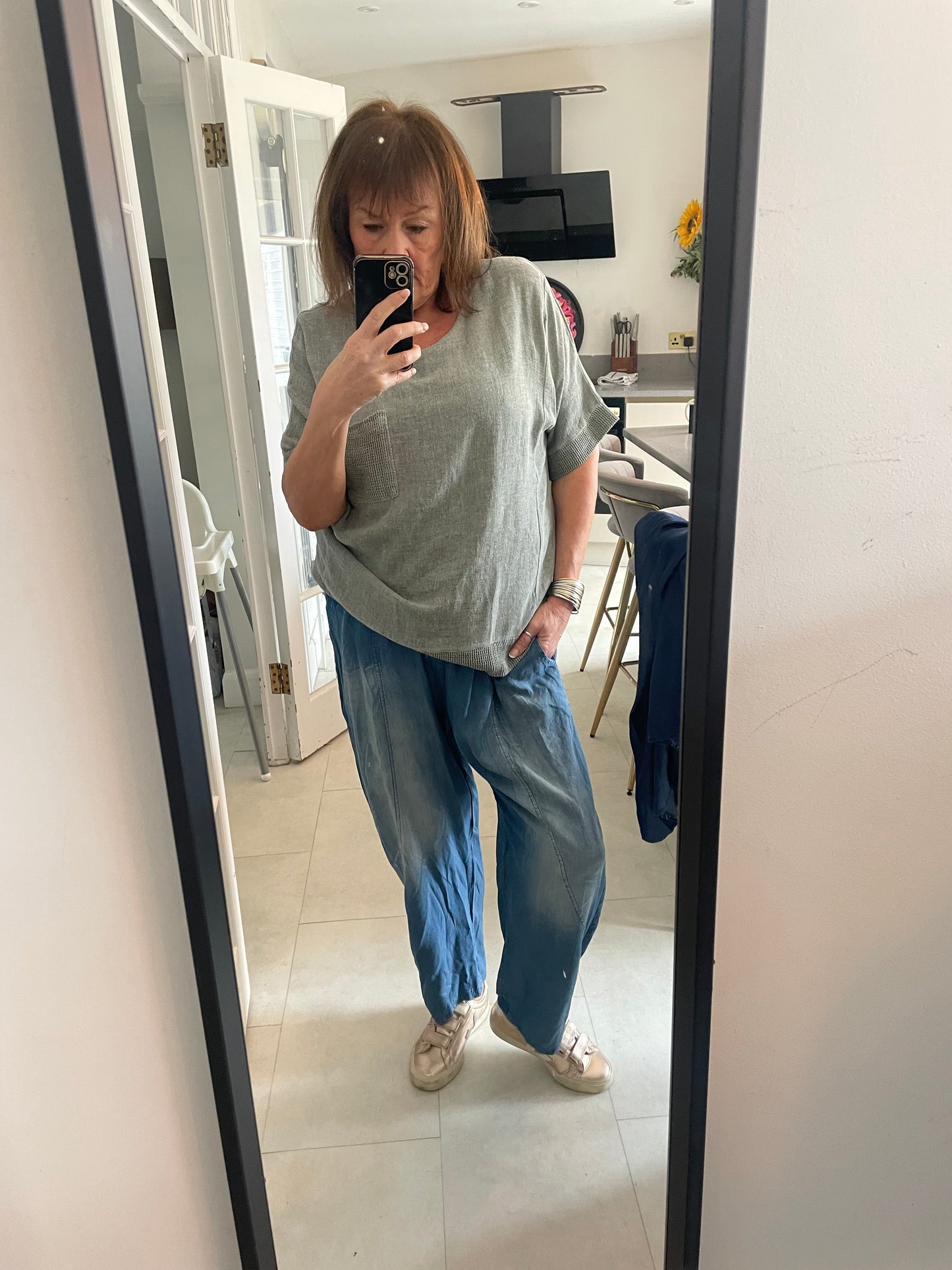 Chambray denim barrel trousers