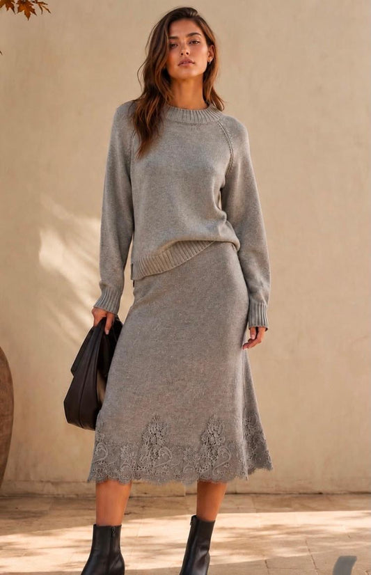 Soft stretch knit lace trim skirt Co-ord