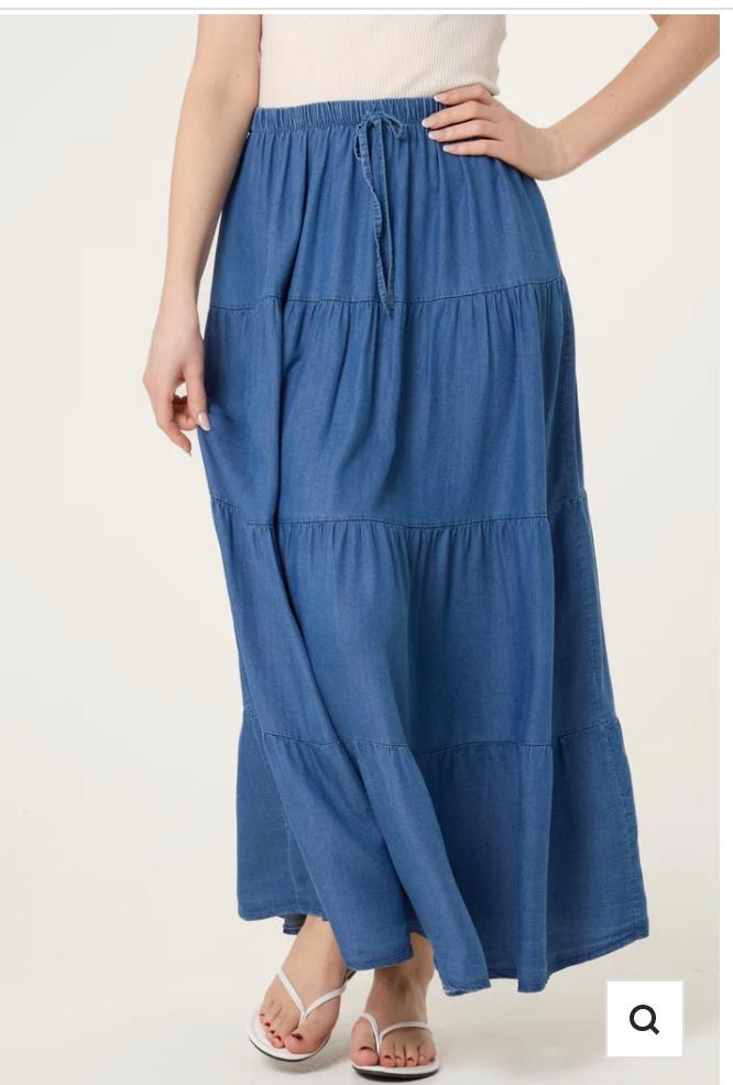Denim chambray tiered skirt