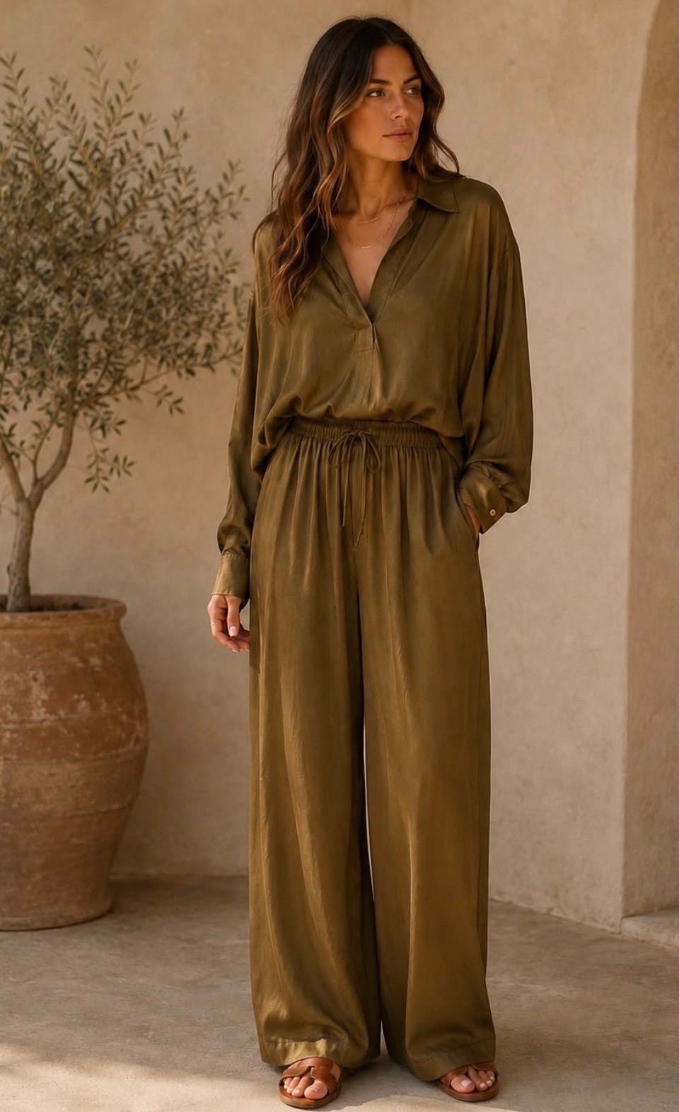 Satin ruched front top palazzo Co-ord set