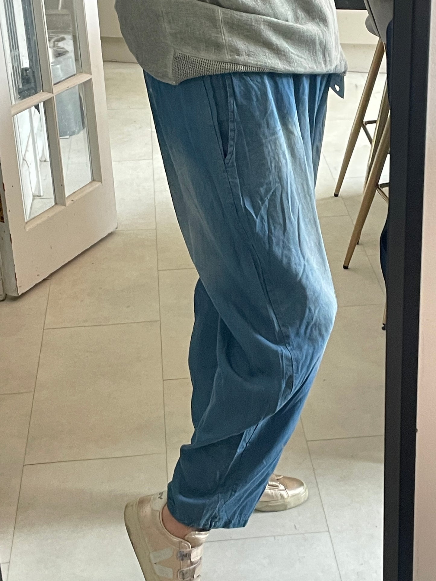 Chambray denim barrel trousers