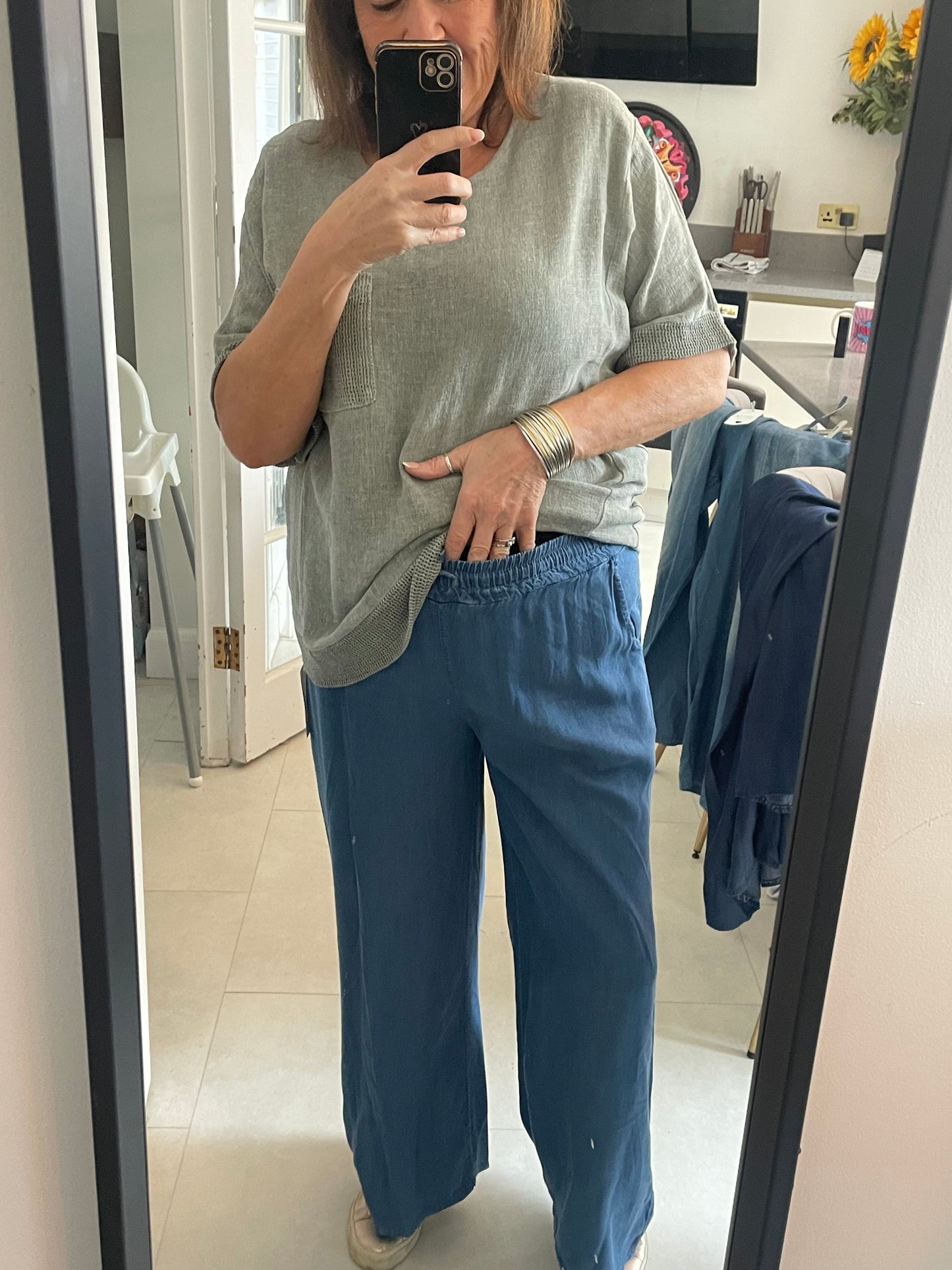 Chambray denim wide palazzo trousers