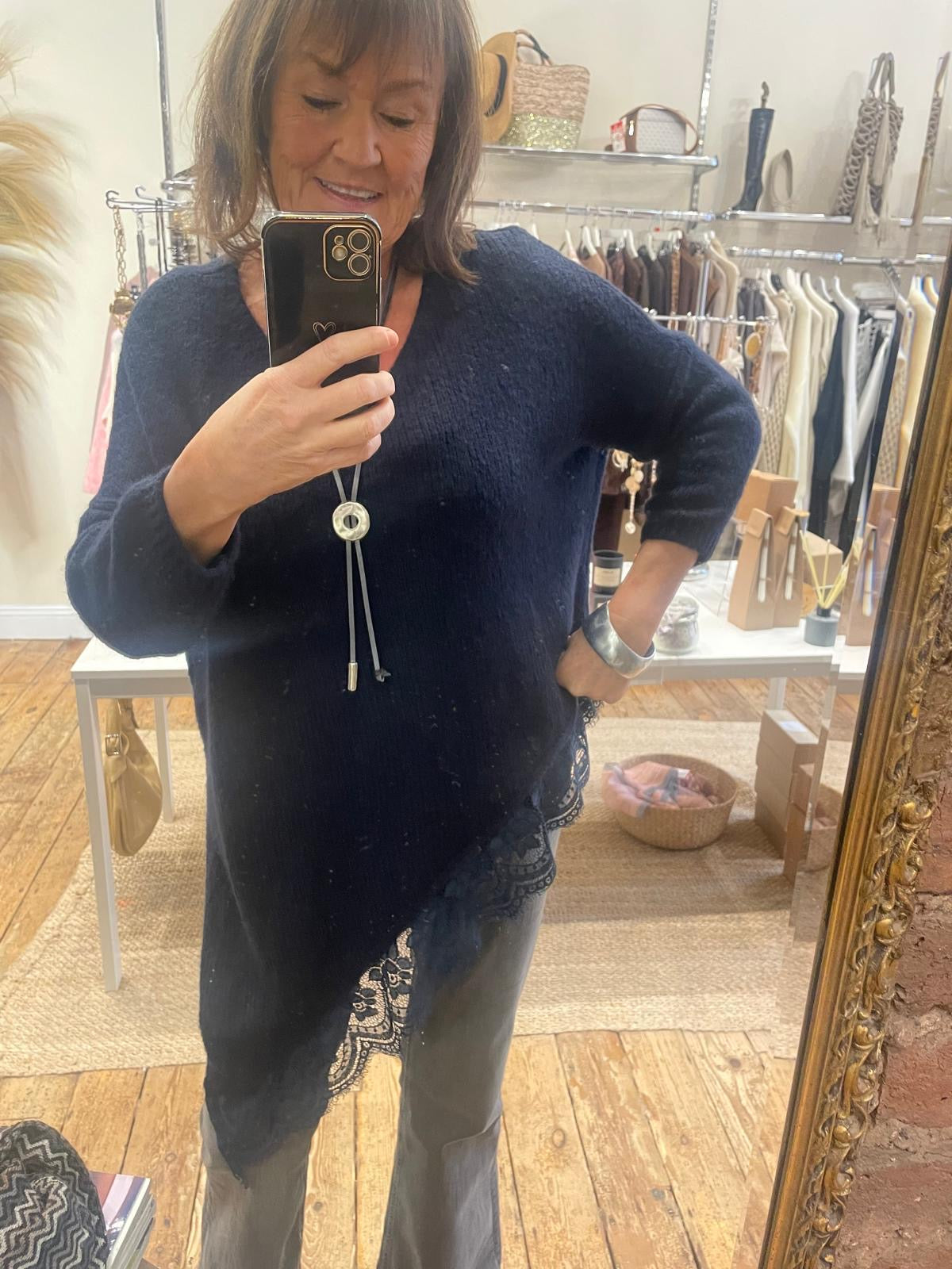 Asymetric lace trim jumper