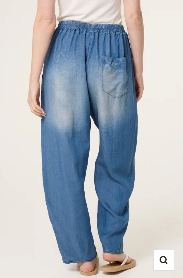 Chambray denim barrel trousers