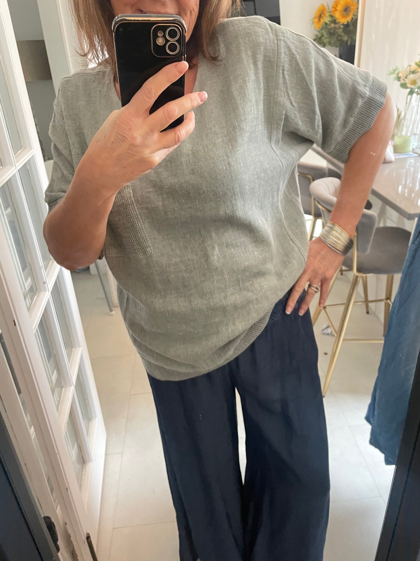 Textured linen mix pocket T shirt